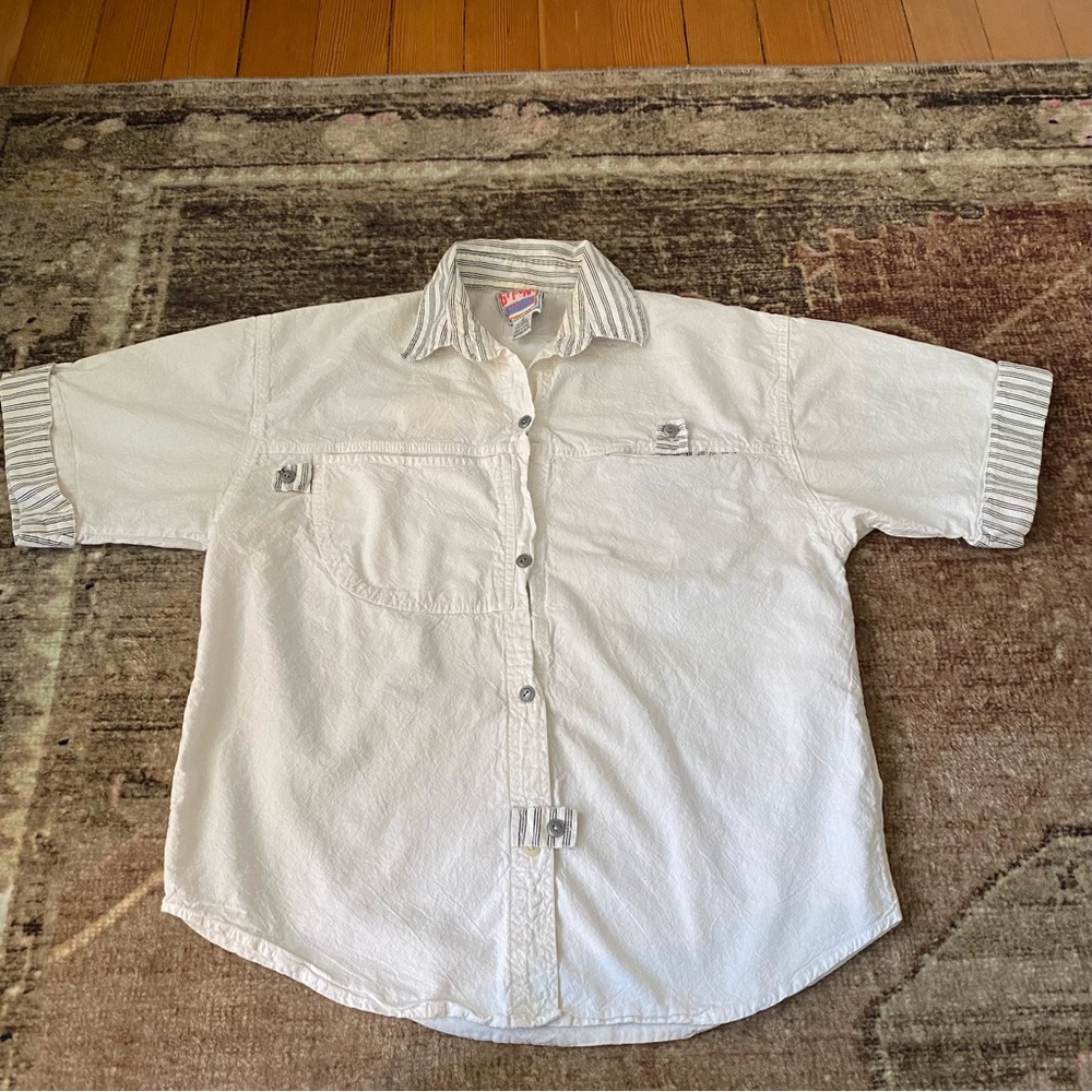 Vintage 80s 90s GITANO Men’s Cotton Button Down White Black Stripe Summer Beach - Picture 1 of 12